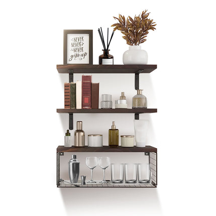 2 In 1 Floating Shelves Wall Mounted With Storage Basket Bathroom Shelves Over Toilet Wooden Shelves For Bedroom Living Room Kitchen Office Wall Decor Plants